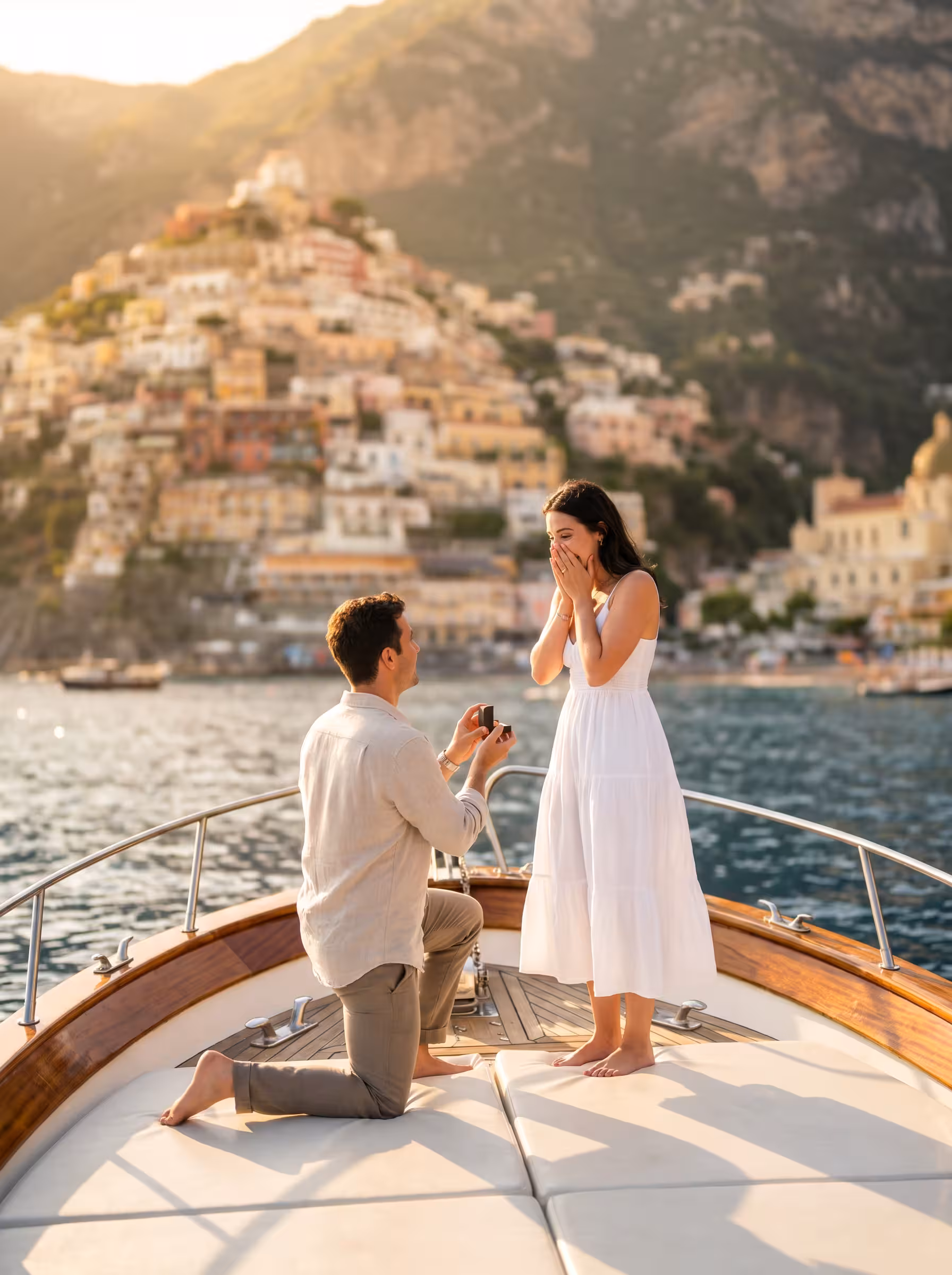 Marriage proposal on a private boat at sunset along the Amalfi Coast